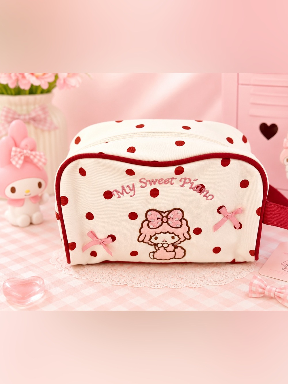 Red Polka Dot 'My Sweet Piano' Cosmetic Bag